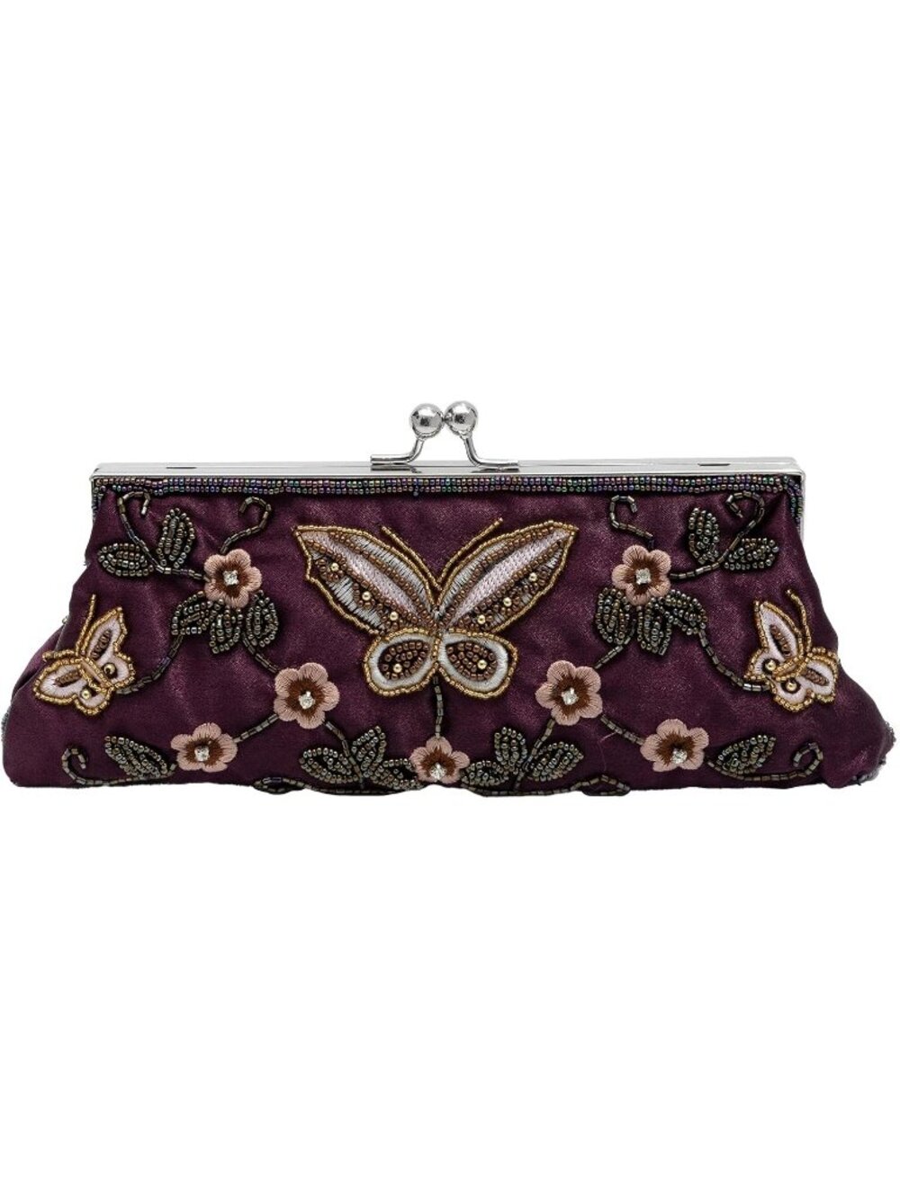 Womens Purple Beaded Butterfly Embroidered Kiss Lock Frame Clutch Evening Bag